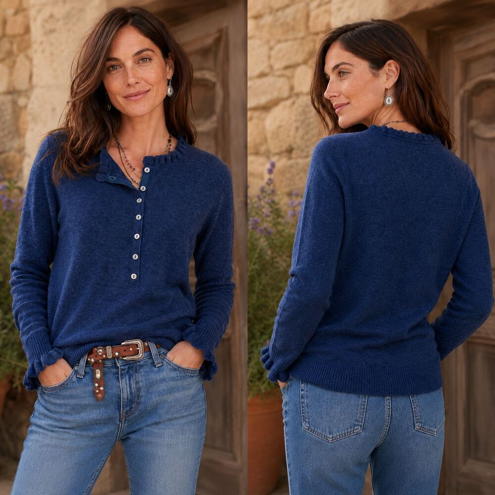 Sundance Edwina Henley Sweater M Blue Wool Cashmere Blend Knit Ruffle Pullover